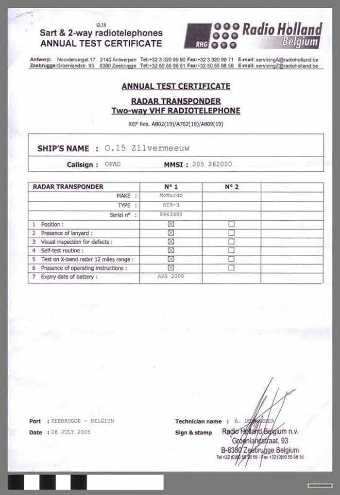 Annual Test Certificate Radar Transponder. Two-way VHF Radiotelephone - O.15 - Zilvermeeuw