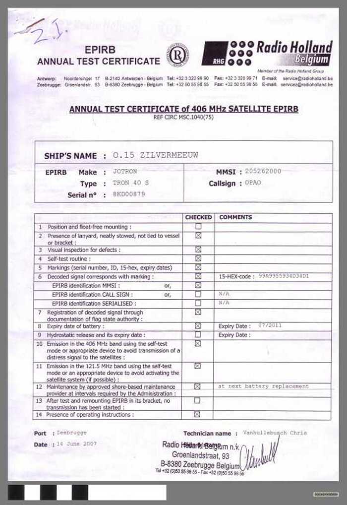 Annual Test Certificate of 406 MHz Satellite EPIRB - O.15 - Zilvermeeuw