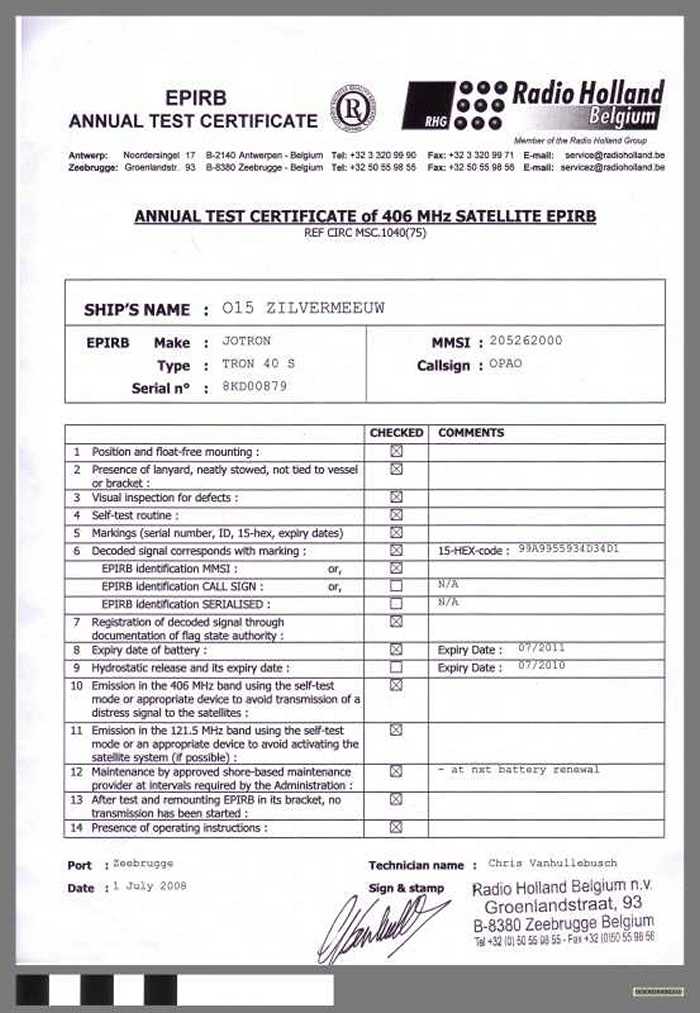 Annual Test Certificate of 406 MHz Satellite EPIRB - O.15 - Zilvermeeuw