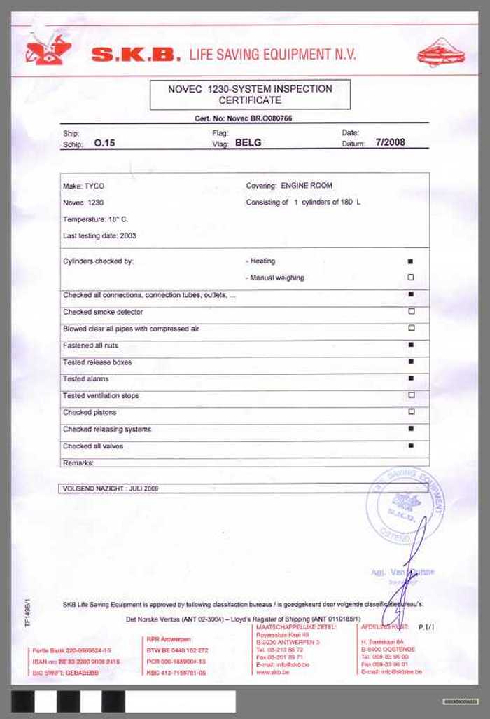 S.K.B. NOVEC 123-system Inspection Certificate - O.15 - Zilvermeeuw