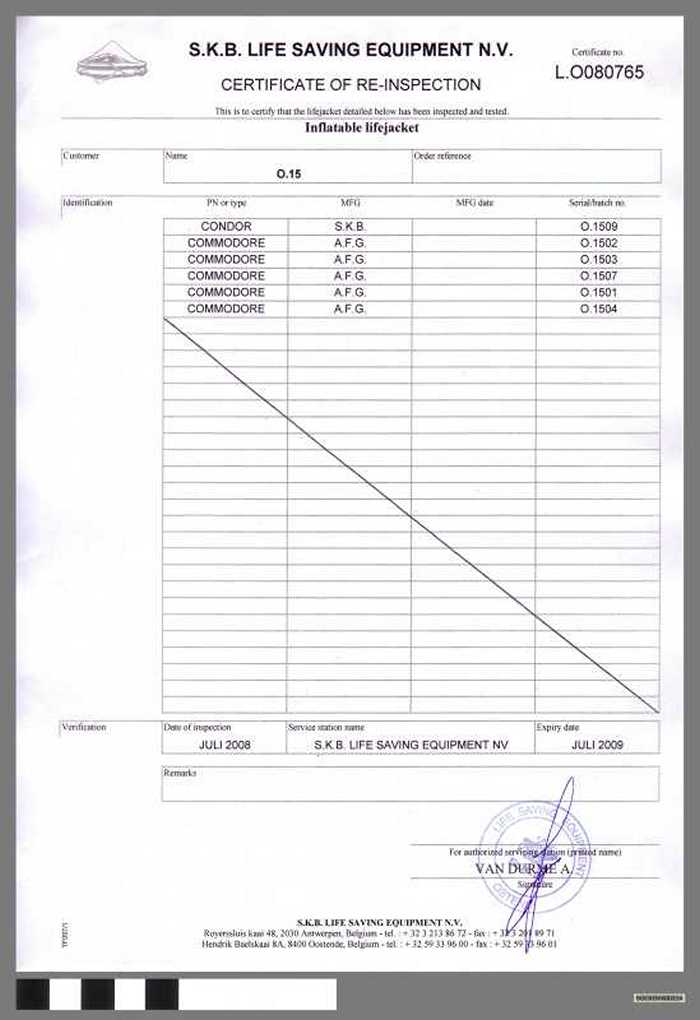Certificate of Re-inspection. Inflatable Lifejacket - O.15 - Zilvermeeuw