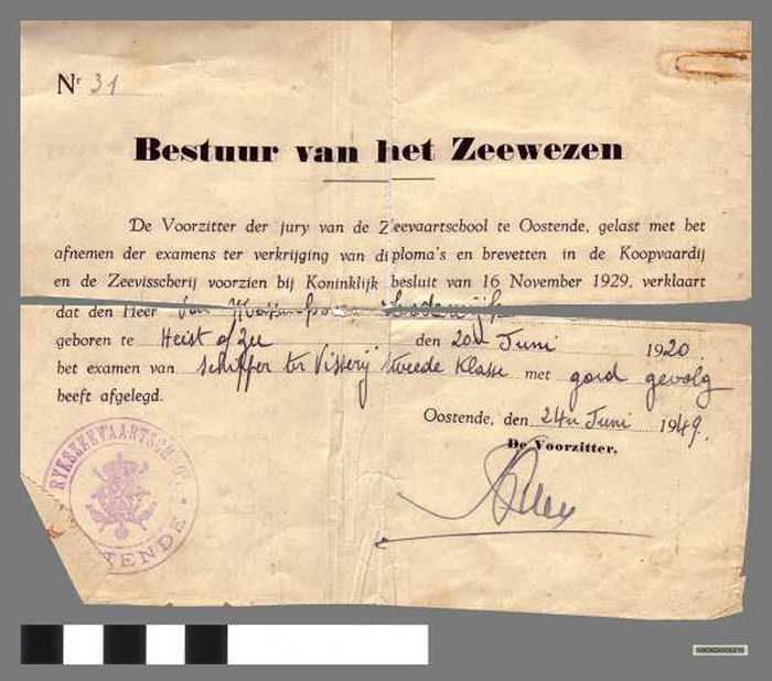 Attest geslaagd examen - Van Massenhove Lodewijk - 1949