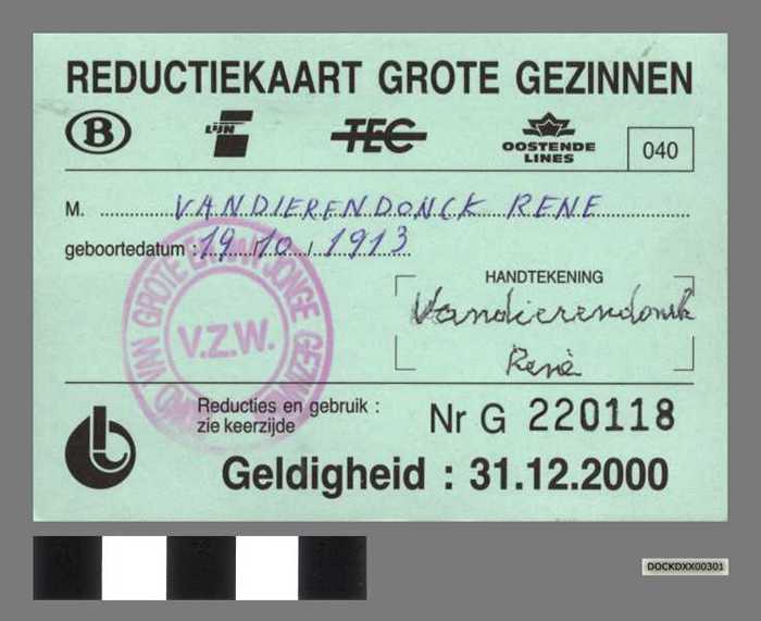 Reductiekaart grote gezinnen - Vandierendonck Rene - DOCKDXX00301 Reductiekaart grote gezinnen - Vandierendonck Rene
