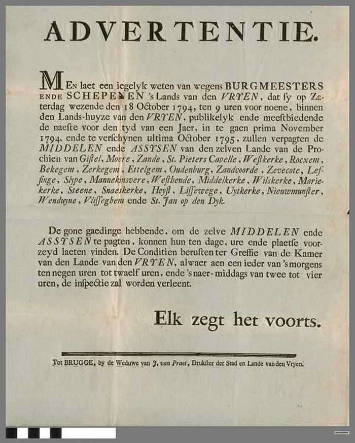 Advertentie voor het pachten van de middelen en assisen van de parochies binnen de Brugse Vrije