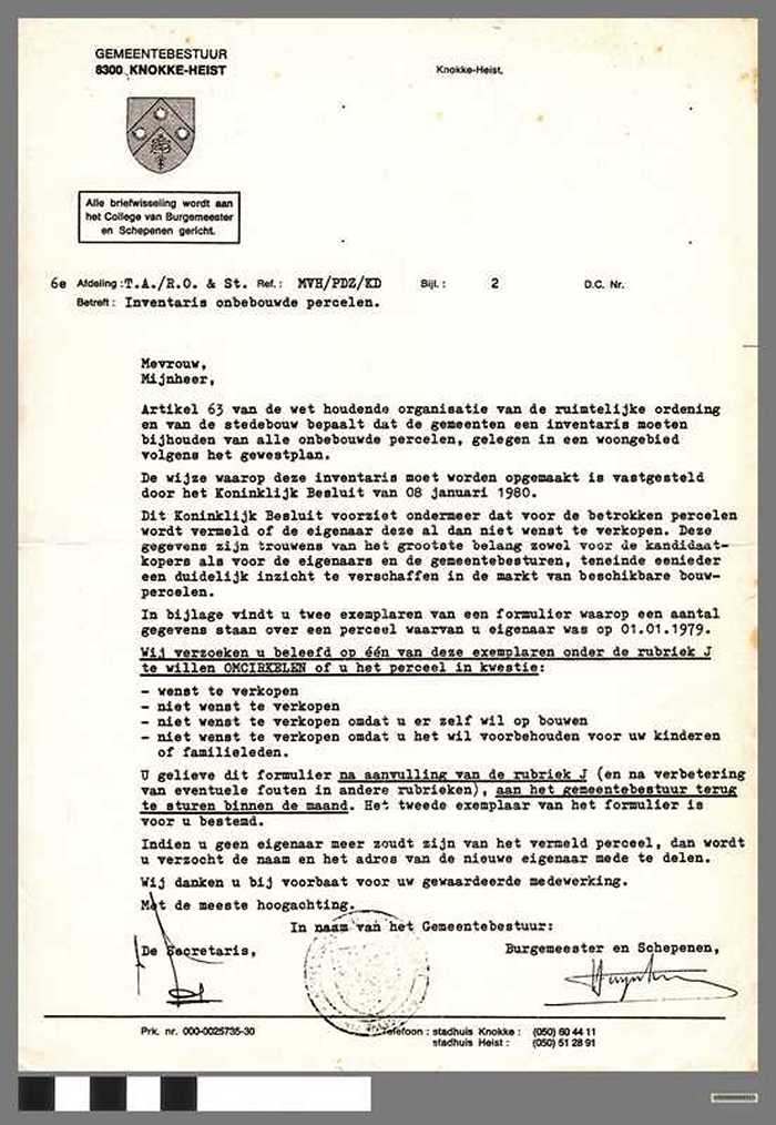 Brief Gemeentebestuur Knokke-Heist betreffende ruimtelijke ordening