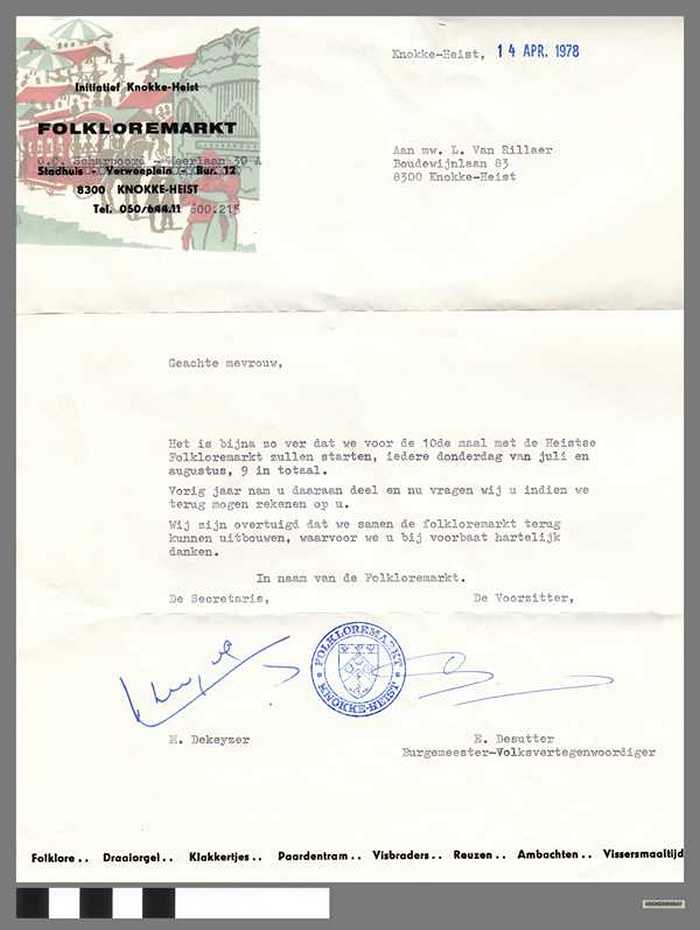 Brief deelname - 10e editie folkloremarkt - 1978