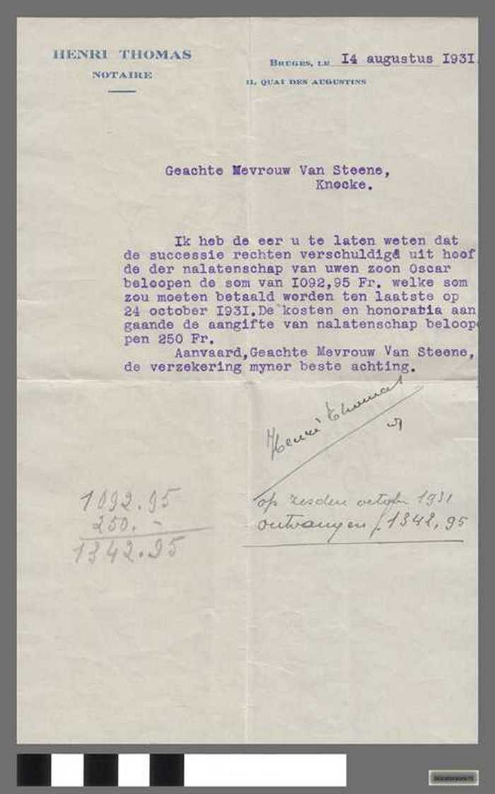 Brief van Notaris Henri Thomas aan Mevrouw Van Steene - 14 augustus 1931 - Successierechten