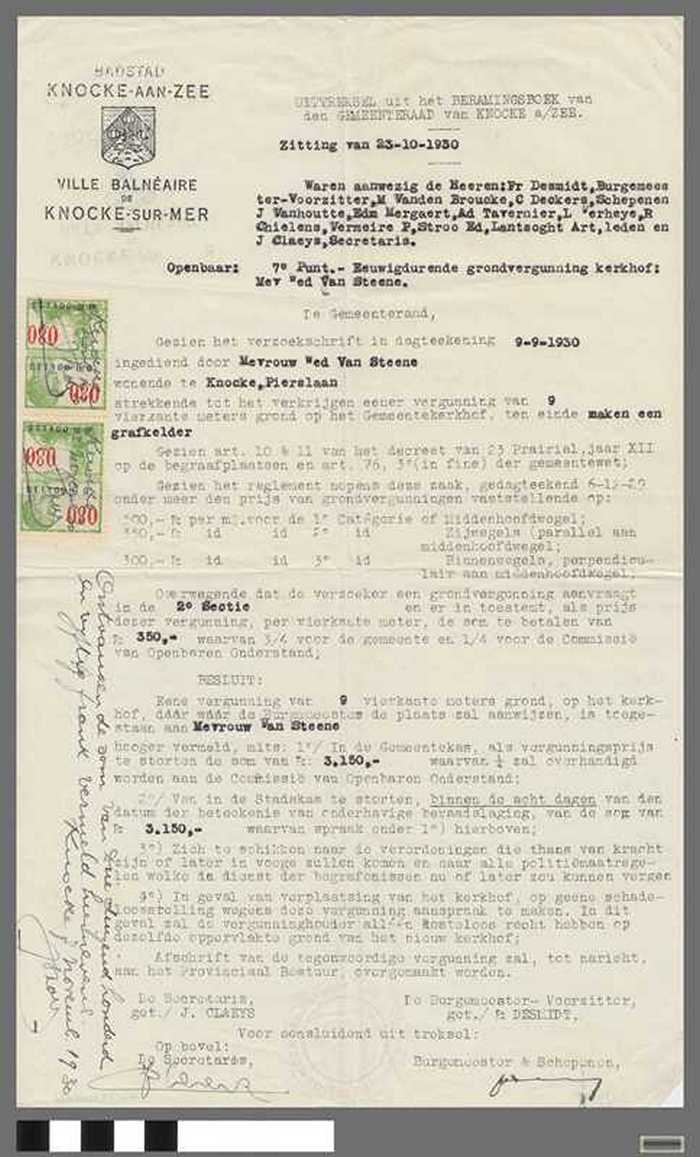 Uittreksel uit het beramingsboek van den Gemeenteraad van Knocke a/Zee - Zitting van 23-10-1930 - Vergunning voor grafkelder