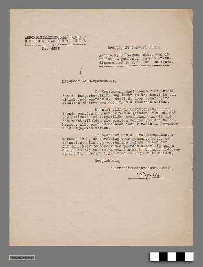 Brief van Arrondissementscommissariaat Brugge en Oostende aan de Burgemeesters betreffende uitgeleende paarden toebehorend aan het Duitse Rijk - 1941