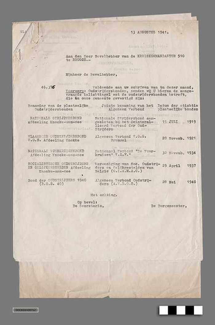 Correspondentie tussen Gemeentebestuur Knokke-aan-zee en Duitse bezetter anno 1941 - Oudstrijdersbonden