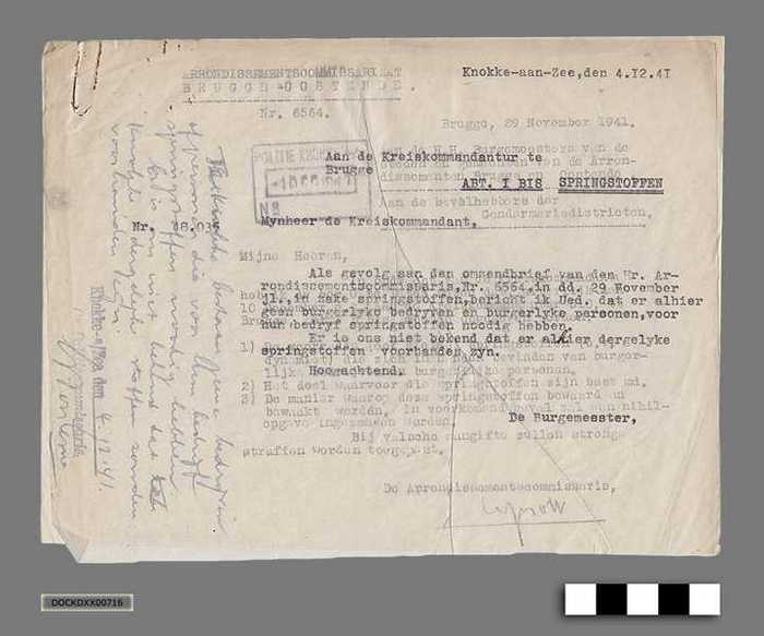 Correspondentie tusseen Gemeentebestuur Knokke-aan-zee en Duitse bezetter anno 1941 - Bevel tot opgave voorraden springstoffen