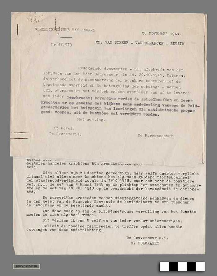 Correspondentie tussen Gemeentebestuur Knokke-aan-zee en Duitse bezetter anno 1941 - Samenwerking en beteugeling van sabotage