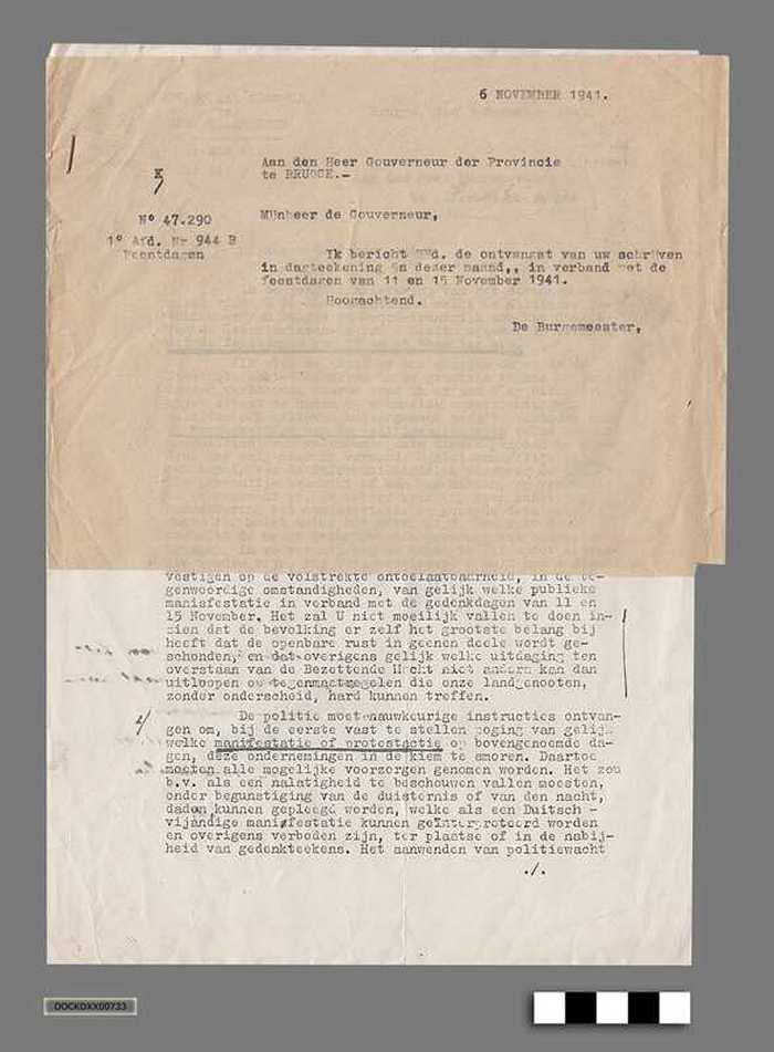 Correspondentie tussen Gemeentebestuur Knokke-aan-zee en Duitse bezetter anno 1941 - Viering 11 en 15 november en verbod op manifestaties