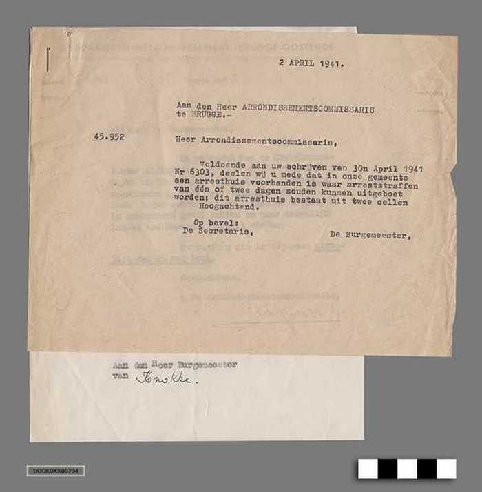 Correspondentie tussen Gemeentebestuur Knokke-aan-zee en Duitse bezetter anno 1941 - Ter beschikking hebben van een arresthuis