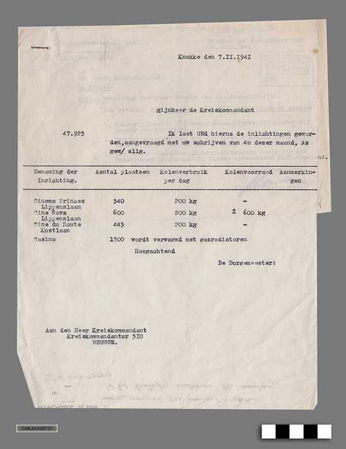 Oorlogscorrespondentie tussen Gemeentebestuur Knokke-aan-zee en Duitse bezetter anno 1941 - Zitplaatsen, kolenverbruik en voorraad bioscopen en Casino