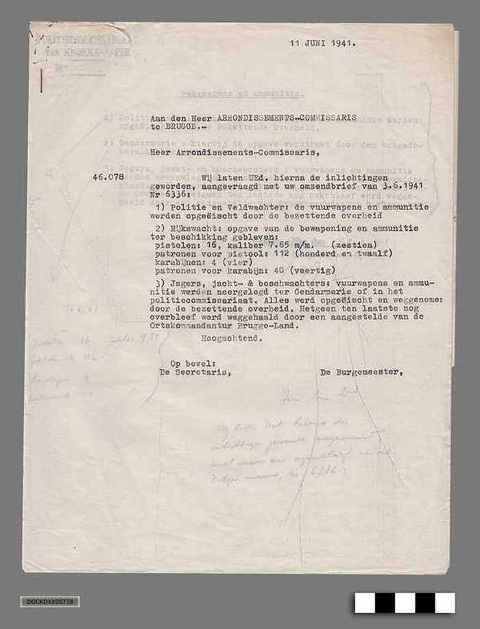 Oorlogscorrespondentie tussen Gemeentebestuur Knokke-aan-zee en Duitse bezetter anno 1941 - Vuurwapens en munitie in het bezit bij politie