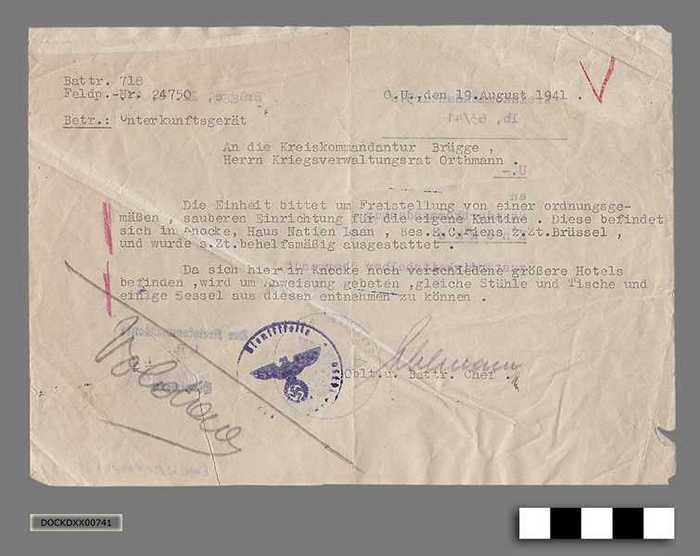 Oorlogscorrespondentie van de Duitse bezetter anno 1941 - Verzoek stoelen en tafels uit de hotels te gebruiken voor eigen kantine