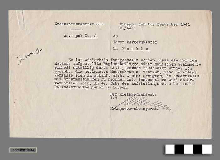 Oorlogscorrespondentie tussen Gemeentebestuur Knokke a/z en de Duitse bezetter anno 1941 - Beschadiging Duitse vlag