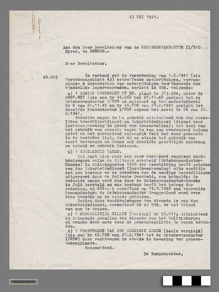 Oorlogscorrespondentie anno 1941 - Gebruik van motorrijtuigen voortkomend uit vijandelijke legervoorraden