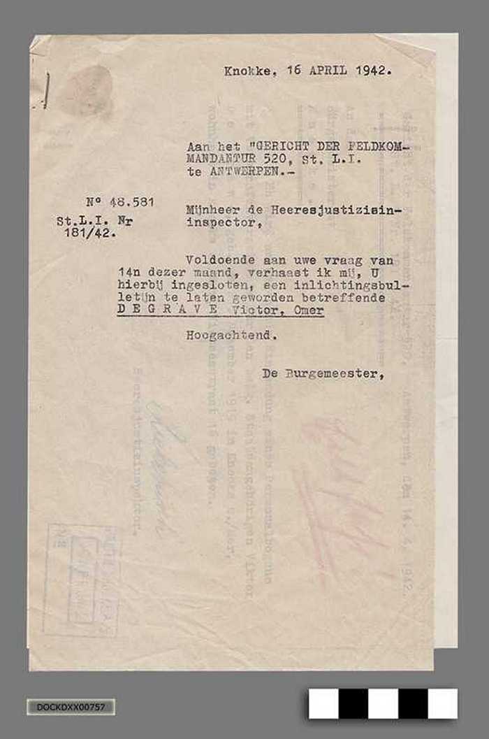 Oorlogscorrespondentie anno 1942 - Inlichtingen over Mr. Viktor De Grave