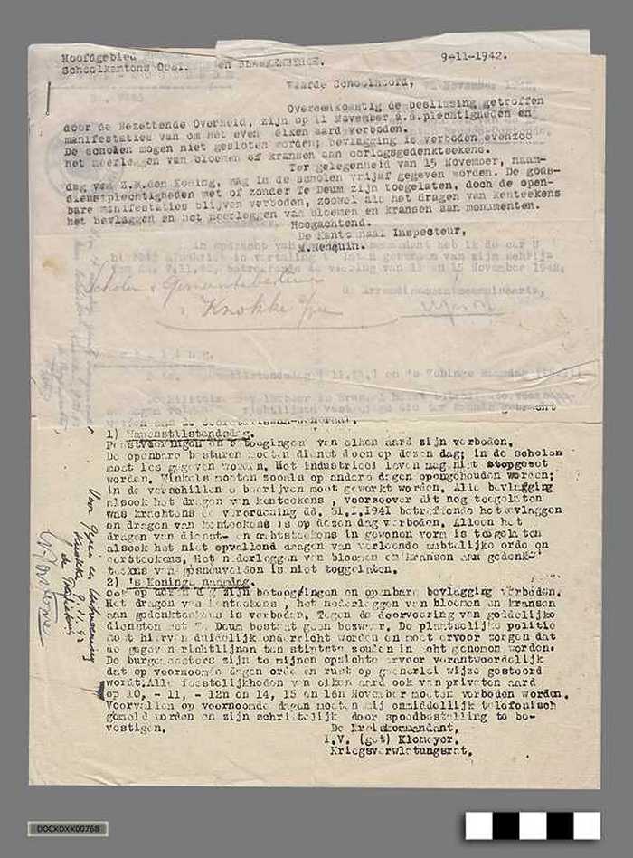 Oorlogscorrespondentie anno 1942 - Verordeningen ivm de feestdagen van 11 en 15 november