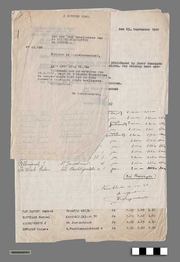 Oorlogscorrespondentie anno 1942 - Lijst met de in de gemeente voorhanden zijnde koelkamers