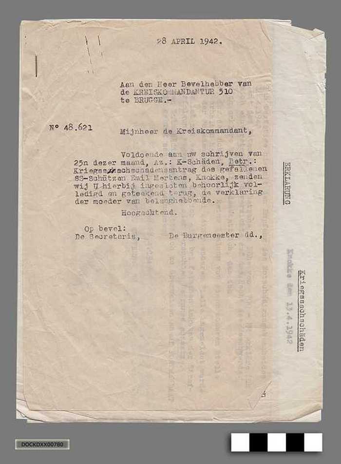 Oorlogscorrespondentie anno 1942 - Goedkeuring uitbetaling oorlogsschade aan de moeder en erfgenaam van Emiel Mertens