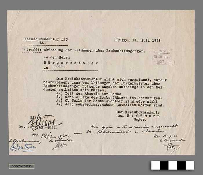 Oorlogscorrespondentie anno 1942 - Betreffende melding van een onontplofte bom