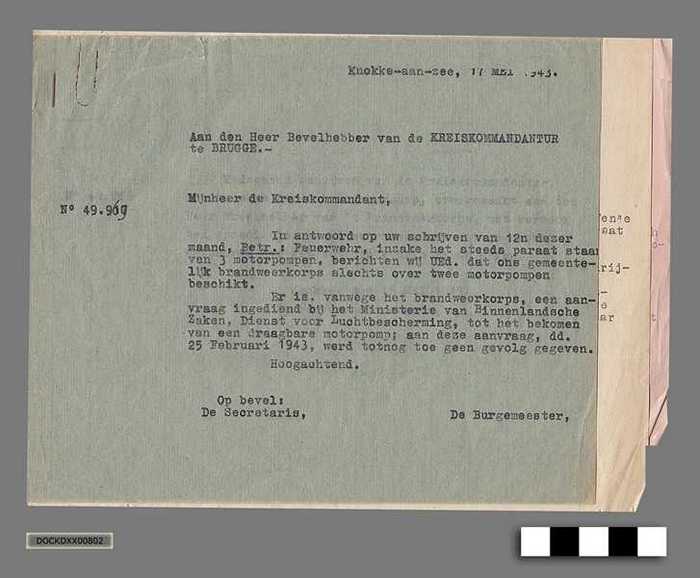 Oorlogscorrespondentie anno 1943 - Vraag of de brandweer degelijk uitgerust is qua materiaal