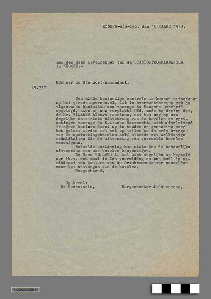 Oorlogscorrespondentie anno 1943 - Dhr. Willems A. zal onder strikte begeleiding gehouden worden