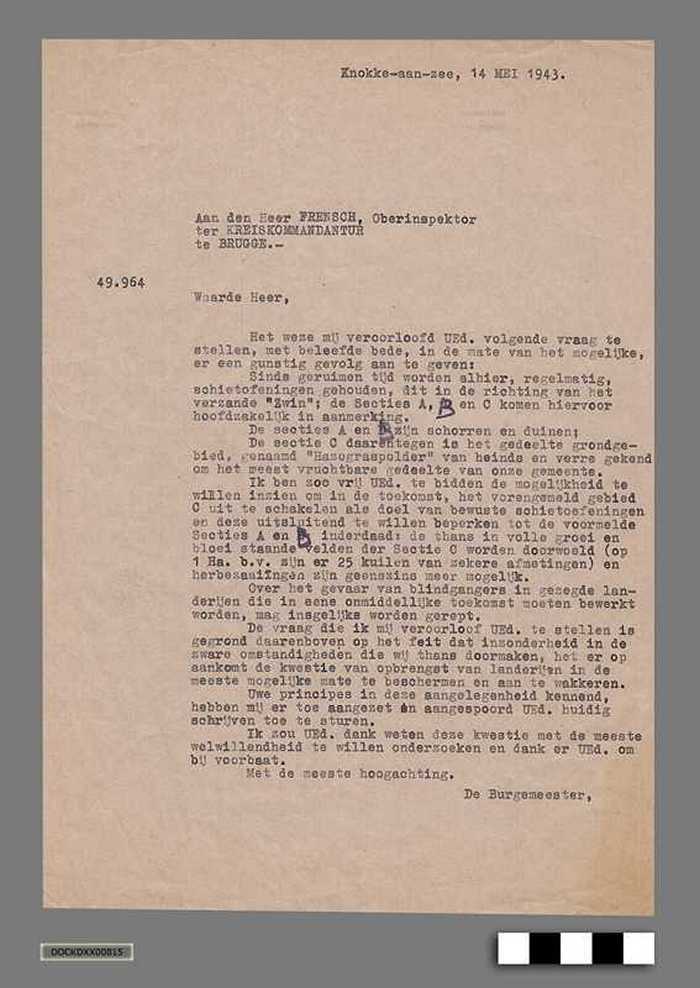 Oorlogscorrespondentie anno 1943 - Hazegraspolder, vanwege zijn belangrijke oogstopbrengst, niet langer als terein voor schietoefeningen te gebruiken