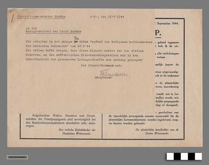 Oorlogscorrespondentie anno 1944 - Levering 70 en bevel tot ophangen van oproepaffiches