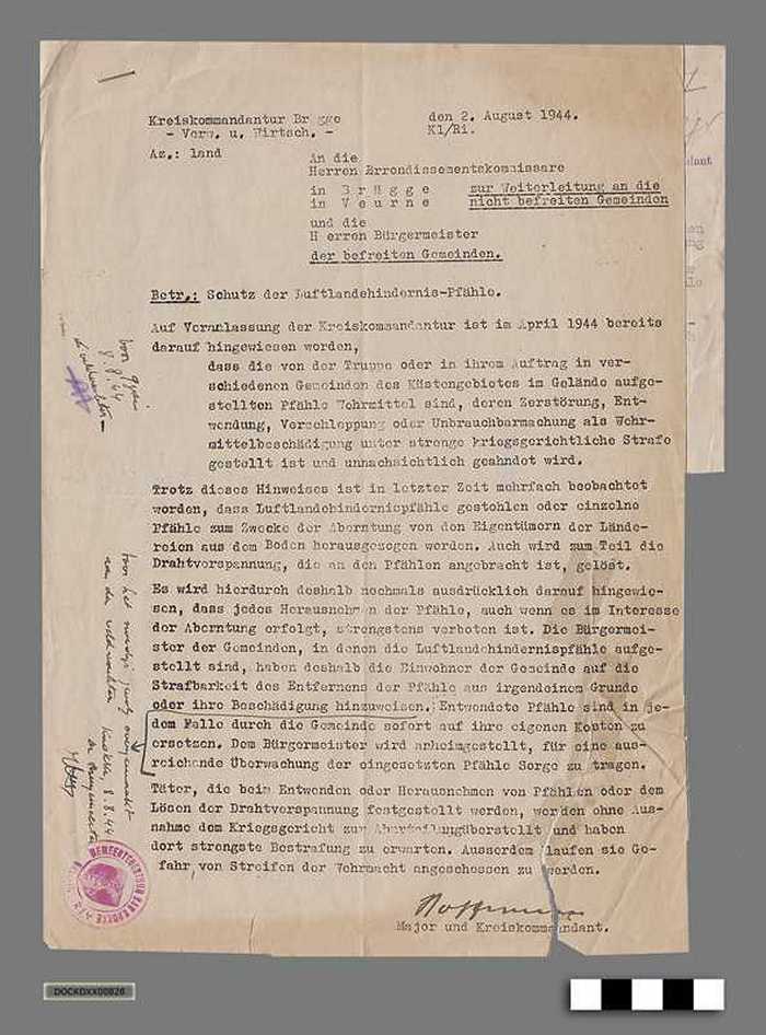 Oorlogscorrespondentie anno 1944 - Bewaking van de palen en draadafspanningen rond mijnenvelden