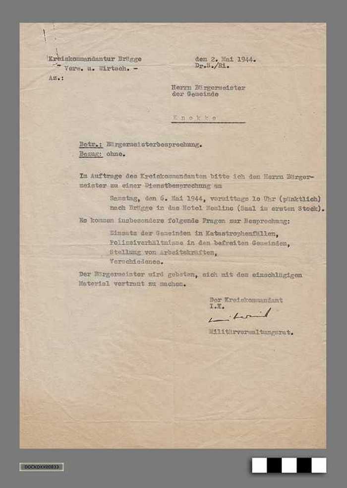 Oorlogscorrespondentie anno 1944 - Vergadering in Hotel Memlinc te Brugge