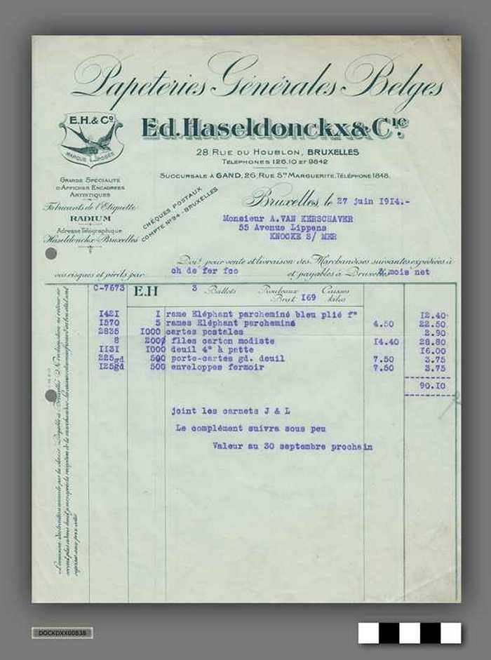 Factuur van Ed. Haseldonckx & Cie aan drukkerij A. Van Kerschaver - 1914