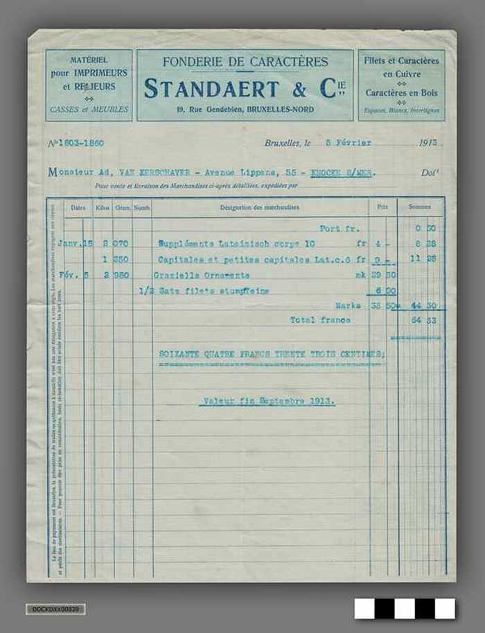 Factuur van Fonderie de caractères Standaert & Cie aan drukkerij A. Van Kerschaver - 1913