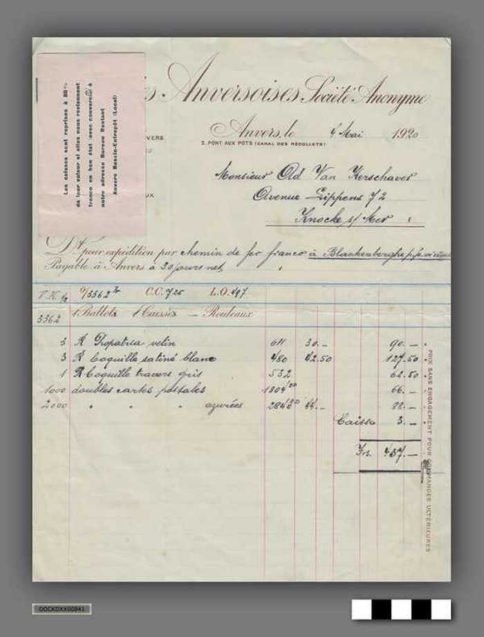 Bundel facturen van Papeteries Anversoises s.a aan drukkerij A. Van Kerschaver - 1920
