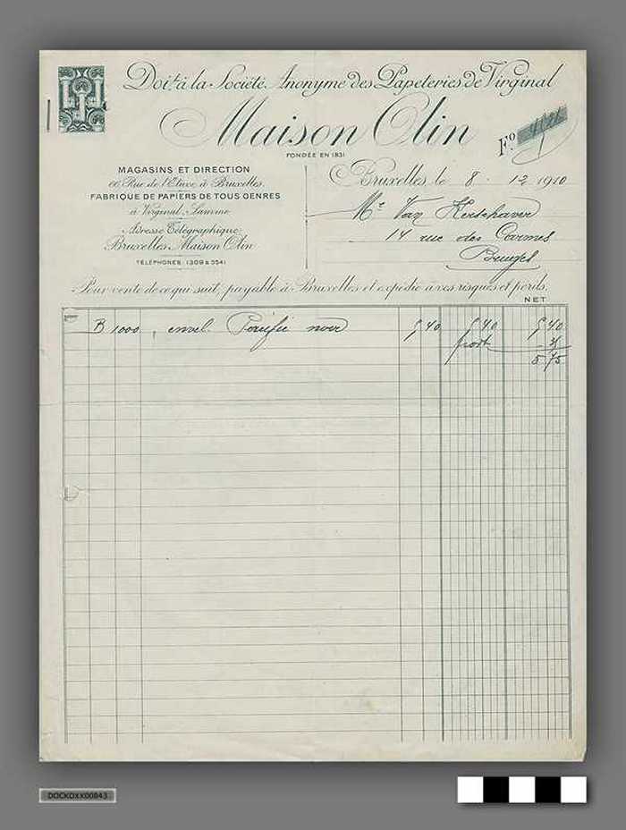 Bundel facturen van Papeteries de Virginal Maison Olin aan drukkerij A. Van Kerschaver - 1910 tot 1914
