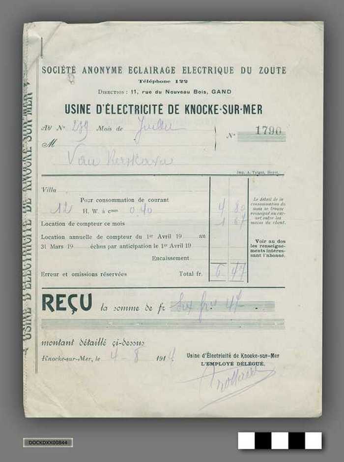 Bundel ontvangstbewijzen van betaling elektriciteit van drukkerij A. Van Kerschaver - 1914 tot 1920
