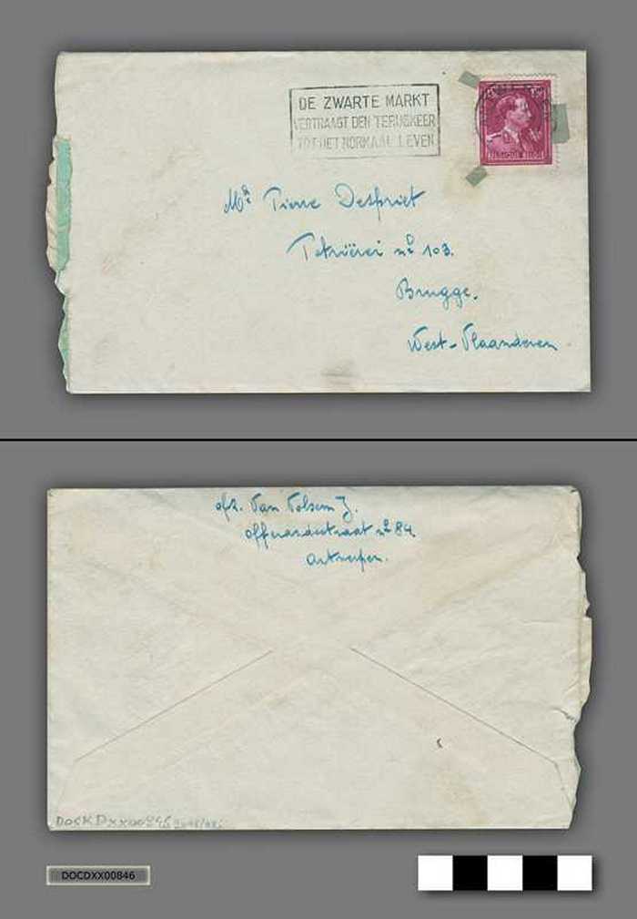 Omslag, brief en visitekaartje van J. Van Volsem aan zijn neef Pierre Despriet - 1946
