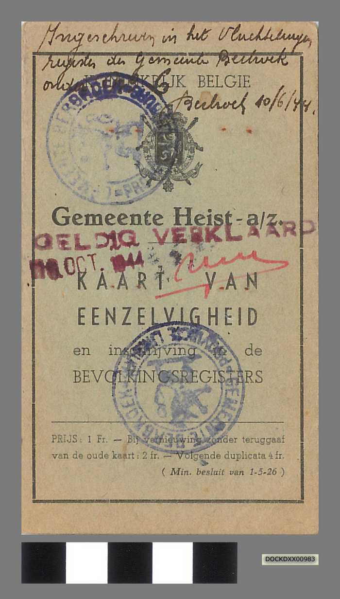 Pasport: Smeets Jean - ingeschreven in het vluchtelingenregister (éénzelvigheidskaart uit WO II)