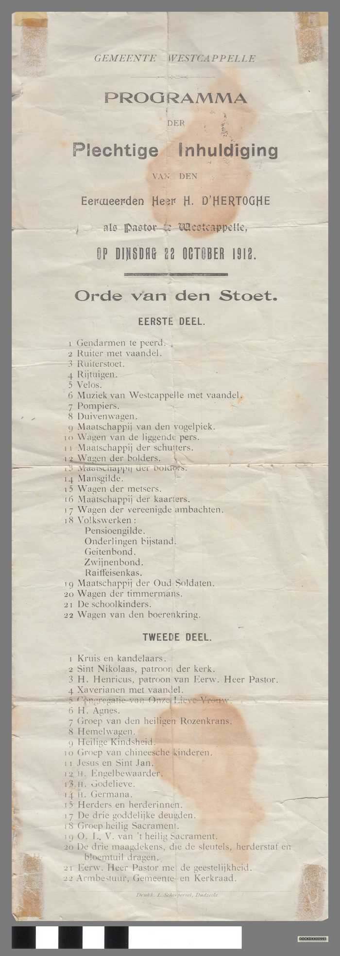 Programma der Plechtige inhuldiging van den Eerweerden Heer H. D'Hertoghe als pastor te Westcapelle op dinsdag 22 october 1912