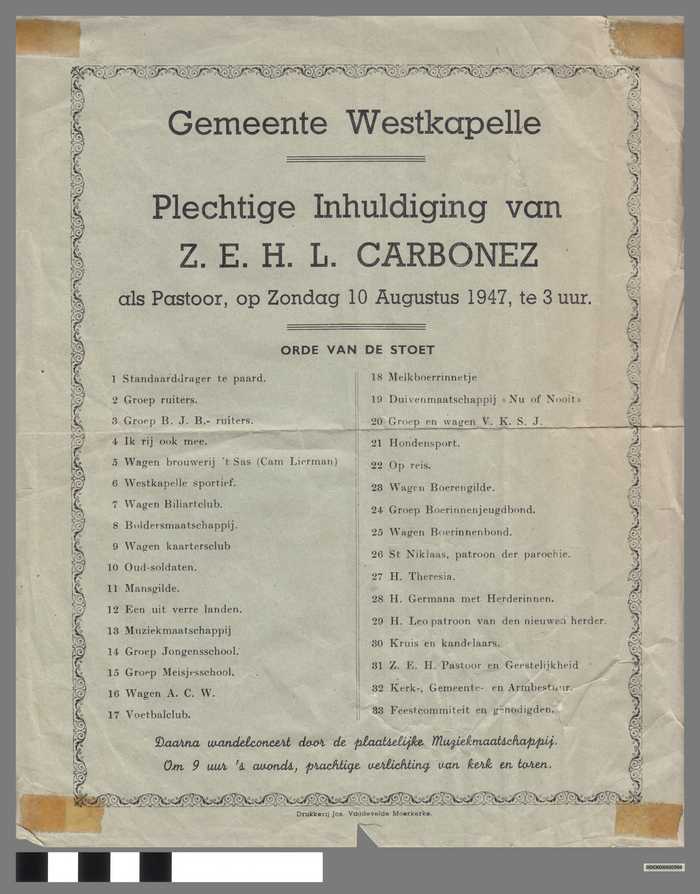 Plechtige Inhuldiging van Z.E.H.L. Carbonez als Pastoor van Gemeente Westkapelle op Zondag 10 Augustus 1947