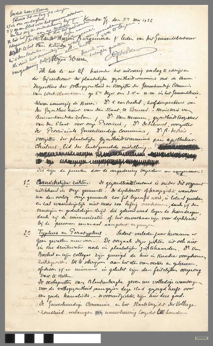 Brief aan het Gemeentebestuur Knocke aan Zee van de plaatselijk gezondheidscommissie getekend door Dr. De Beir - 1922