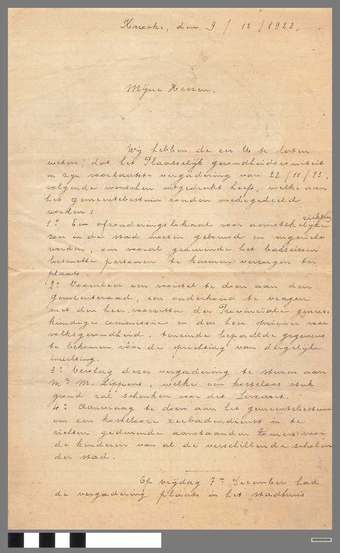 Brief aan het Gemeentebestuur Knocke aan Zee van de plaatselijk gezondheidscommissie getekend door G. Van Steene, voorzitter - 1923