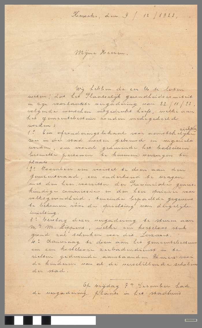 Brief aan het Gemeentebestuur Knocke aan Zee van de plaatselijk gezondheidscommissie getekend door G. Van Steene, voorzitter - 1923