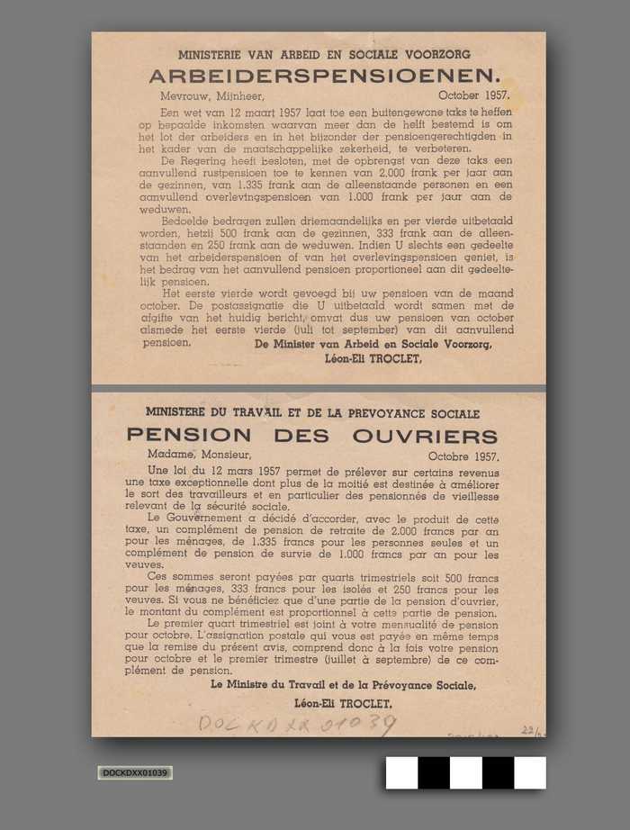 Ministerie van Arbeid en Sociale Voorzorg - Arbeiderspensioenen - oktober 1957