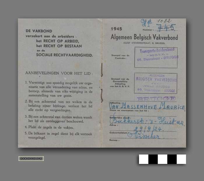 Lidkaart Algemeen Belgisch Vakverbond - Maurice Van Massenhove