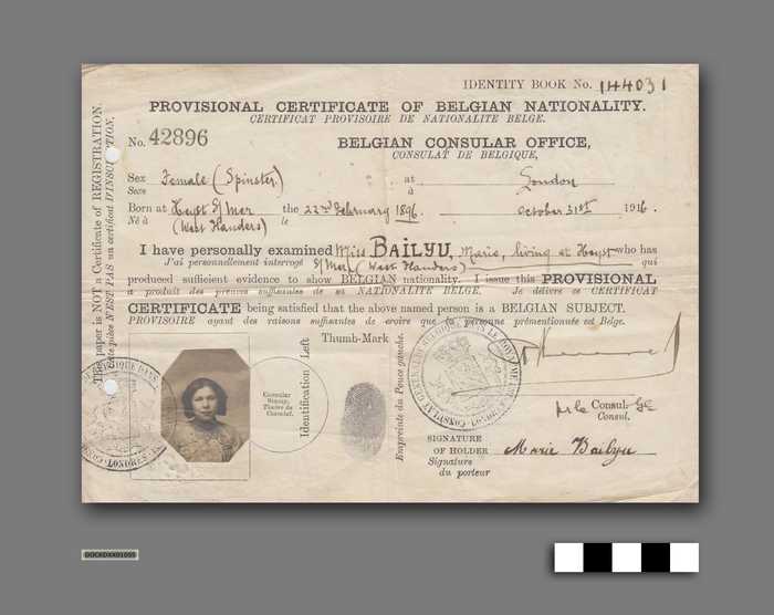 Provisional Certificate of Belgian Nationality Marie Bailyu - Voorlopig identiteitsbewijs van Marie Bailyu voor verblijf in UK WOI