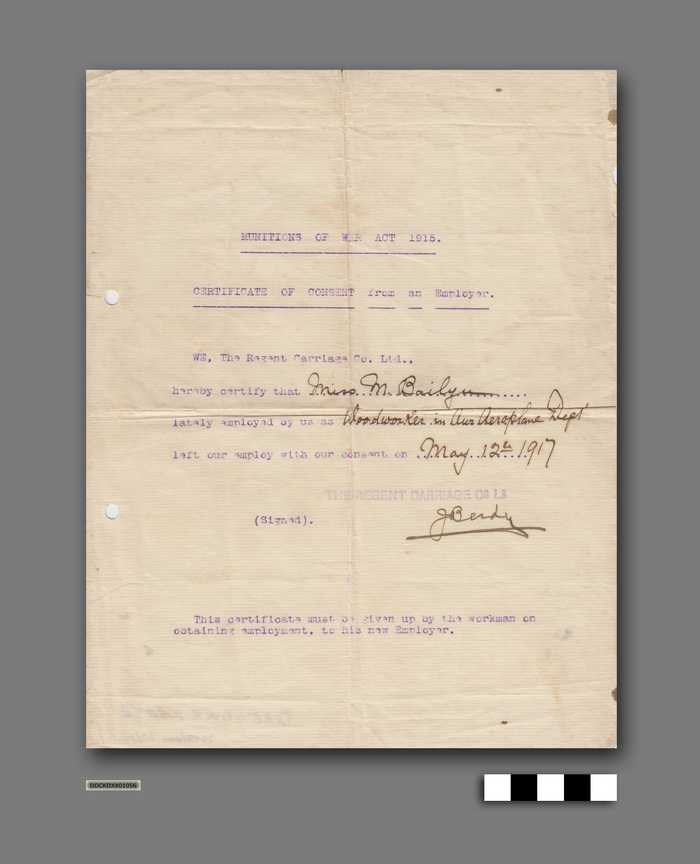 Certificate of Consent from an Employer voor M. Bailyu. 'Munitions of War Act 1915'